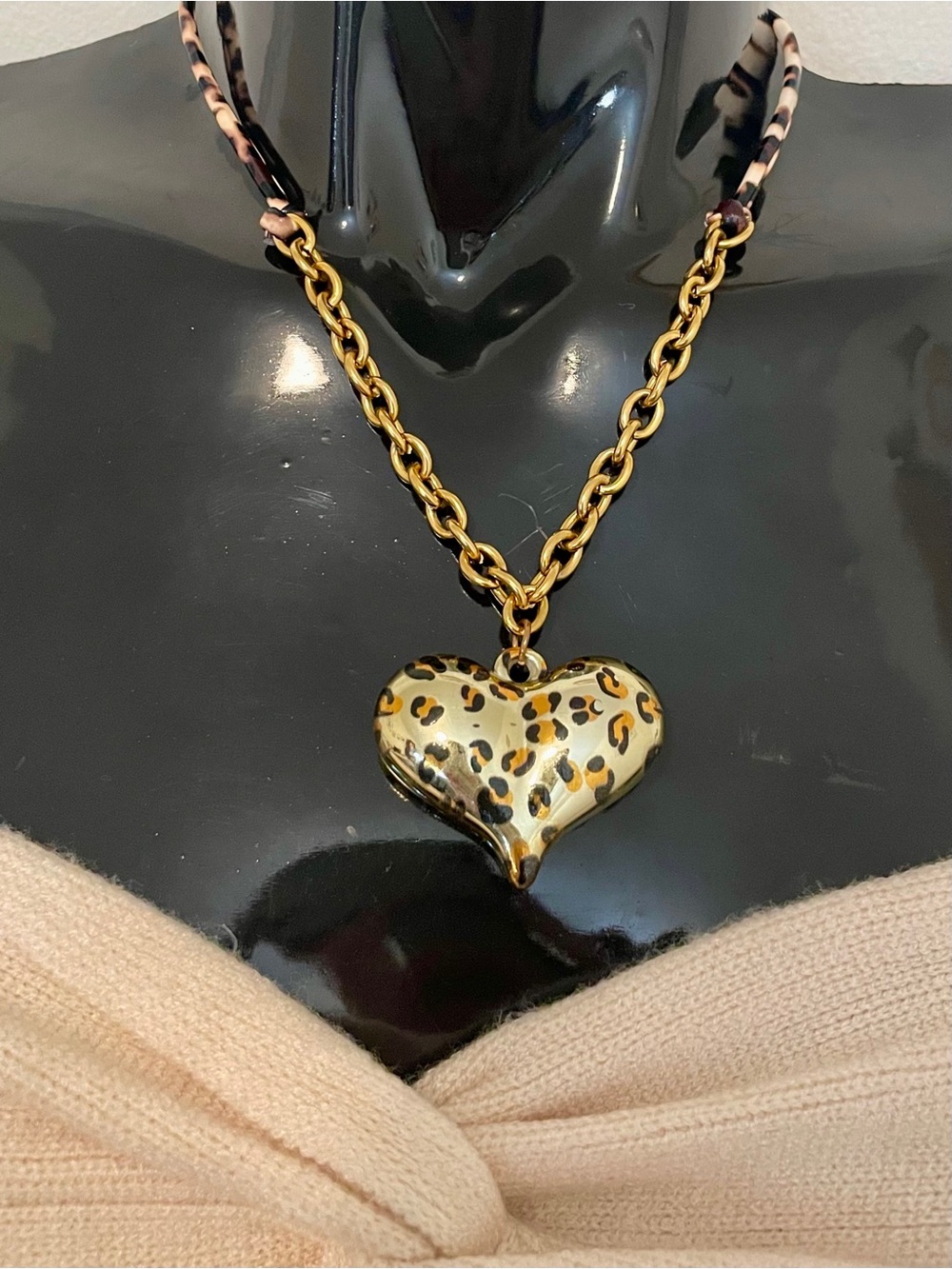 Leopard Puff Heart Pendant Statement Necklace Gold Plated